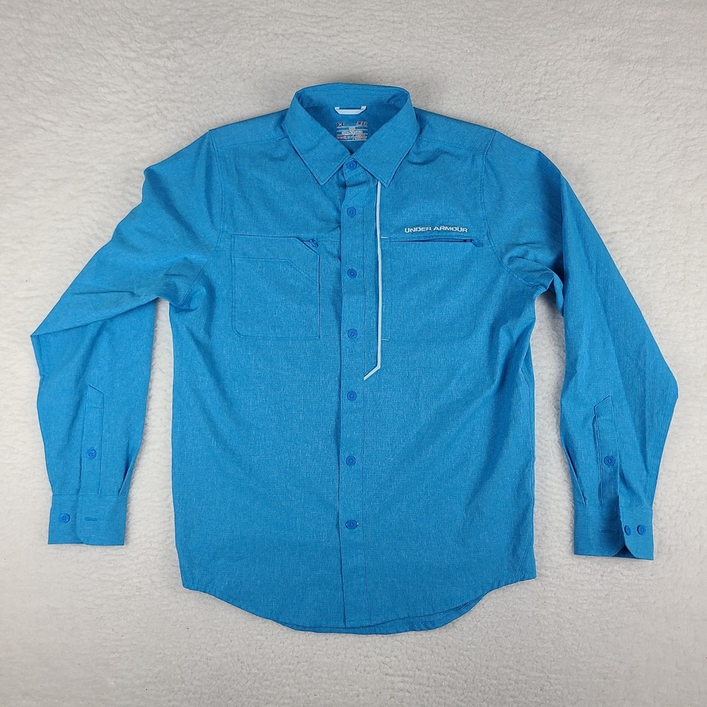 Under Armour Shirt Mens Small Blue Loose Heatgear Hiking Sahara Button Down